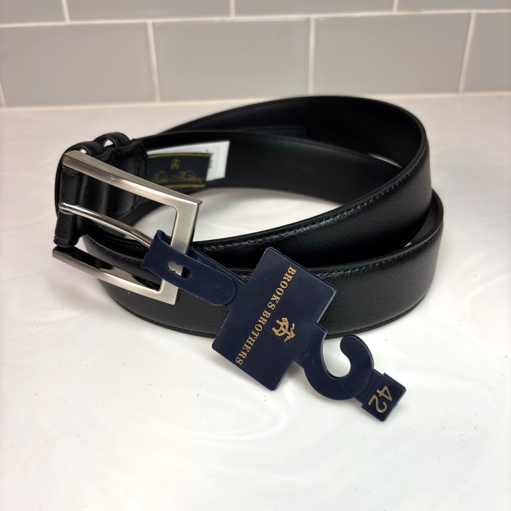 Brooks Brothers Black Silver Made in USA Genuine Leather Belt Men's Size 42 NEW